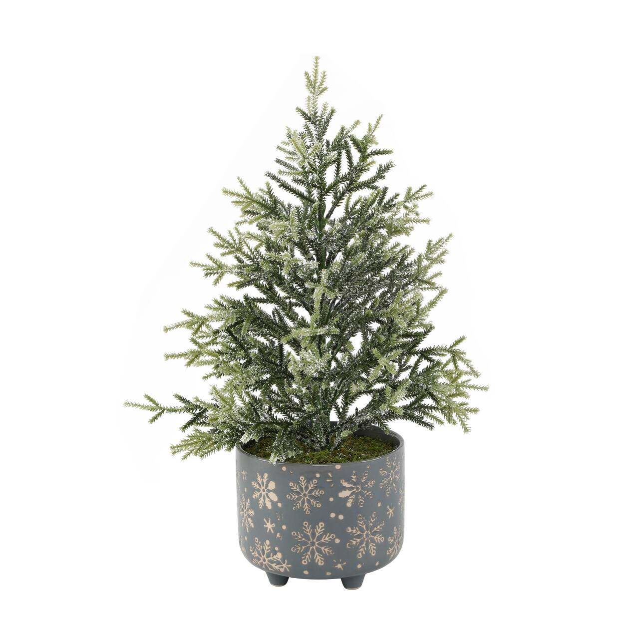 18.5" Unlit Frosted Artificial Christmas tree in Snowflake Ceramic Footed Pot
